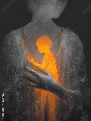 Abstract illustration of a figure embracing their inner child in a warm, glowing embrace