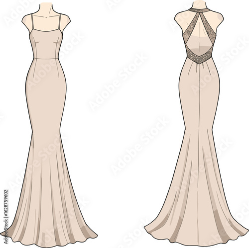 A technical fashion flat sketch on a white background, showcasing the front and back views of a mermaid-style formal gown with a sweetheart 