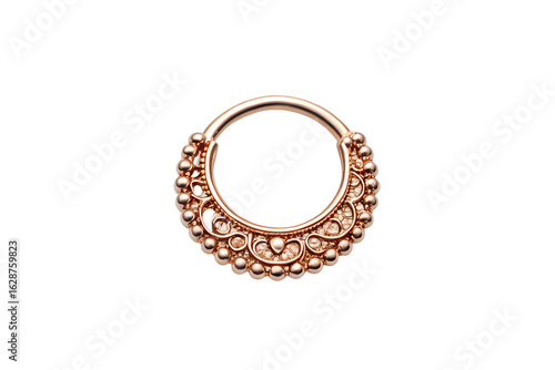 Close up of a rose gold septum ring with beaded and filigree detailing design