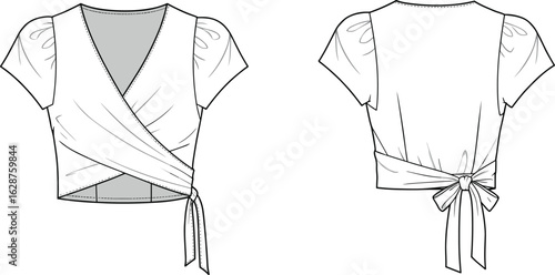 A technical fashion flat sketch on a white background, showcasing the front and back views of a pair of wide-leg, cropped pants with a high elastic waist and side seam pockets, illustrating a 