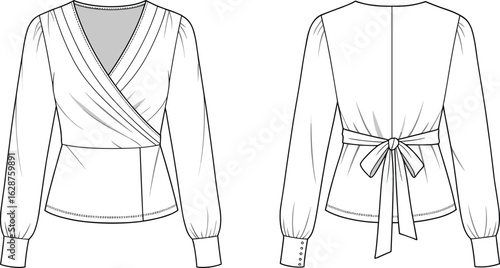 A technical fashion flat sketch on a white background, showcasing the front and back views of a sleeveless collared blouse with a full button-front closure and unique side button details,
