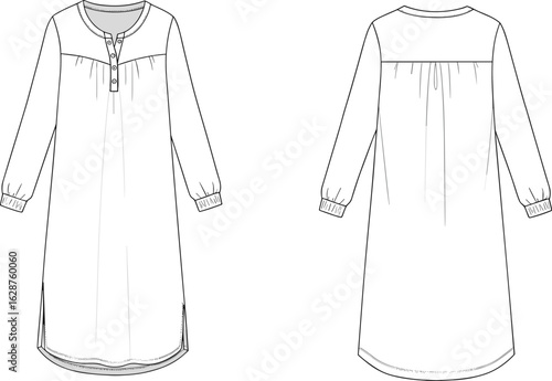 A technical fashion flat sketch on a white background, showcasing the front and back views of a sleeveless midi dress with a V-neckline, darted bodice, and back slit, 