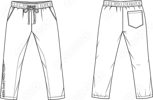 A technical fashion flat sketch on a white background, showcasing the front and back views of a tailored vest with a notched lapel, two-button closure, and faux welt pockets, 