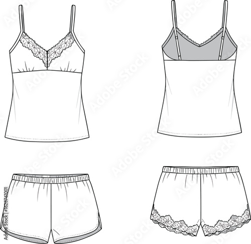 A technical fashion flat sketch on a white background, showcasing the front and back views of a V-neck chemise with lace trim and adjustable straps, paired with lace-hem shorts,