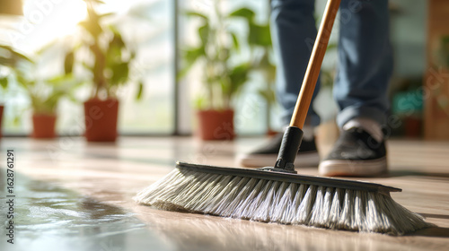 Wallpaper Mural Young man cleaning the floor with a broom — home maintenance detail shot. Torontodigital.ca