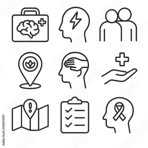 Mental Health Aid Icons. Outline style icons of Mental Health First Aid: first aid kit with brain, mental health emergency icon,
