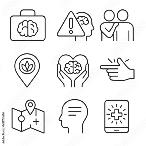 Mental Health Aid Icons. Outline style icons of Mental Health First Aid: first aid kit with brain, mental health emergency icon,
