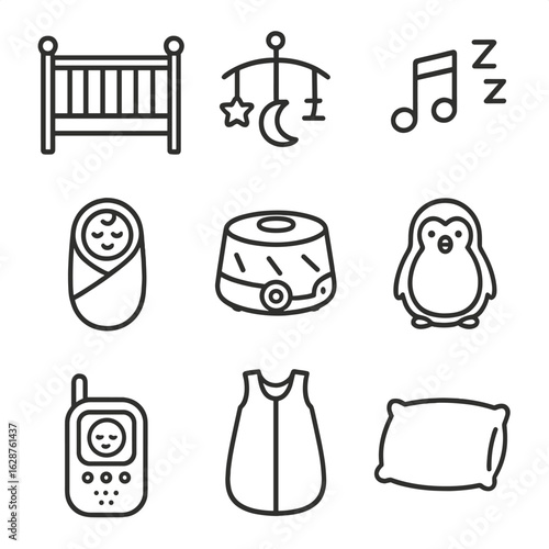Baby Sleep Essentials Icons. Outline style icons of Baby Sleeping Essentials: baby crib, baby mobile, lullaby music icon, swaddle