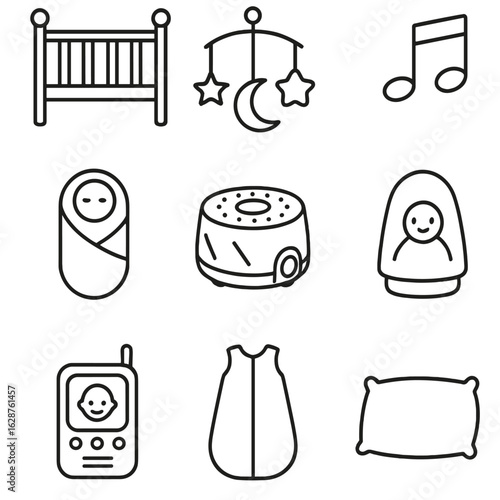 Baby Sleep Essentials Icons. Outline style icons of Baby Sleeping Essentials: baby crib, baby mobile, lullaby music icon, swaddle