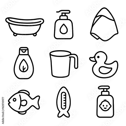 Baby Bath Essentials. Outline style icons of baby bath care: baby tub, gentle soap, soft sponge, hooded towel, baby shampoo, rinse
