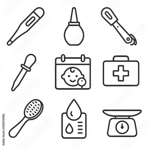 Baby Healthcare Icons. Outline style icons of baby healthcare: digital thermometer, nasal aspirator, baby nail clipper, medicine
