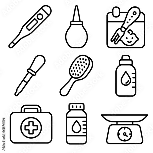 Baby Healthcare Icons. Outline style icons of baby healthcare: digital thermometer, nasal aspirator, baby nail clipper, medicine