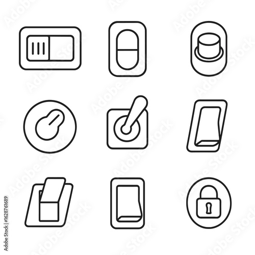 Outline Switch Icons. Outline style icons of toggle switch types: slide switch, rocker switch, push button, rotary switch, toggle