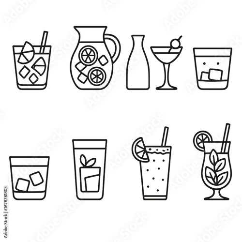 Cultural Cocktails Icons. Outline style icons of Cultural Cocktails: caipirinha from Brazil, sangria from Spain, sake cocktail