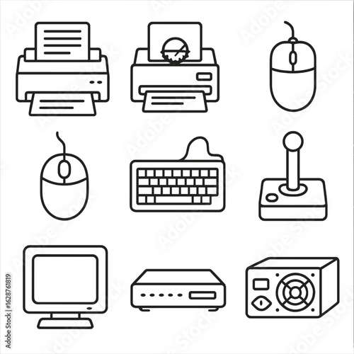 Retro Computer Icons. Outline style icons of Retro Computer Peripherals: dot matrix printer, typeball printer, serial port mouse,