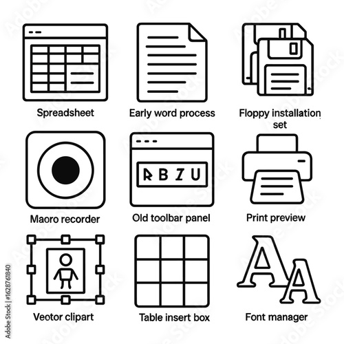 Vintage Software Icons. Outline style icons of Vintage Software Suites: spreadsheet UI, early word processor icon, floppy
