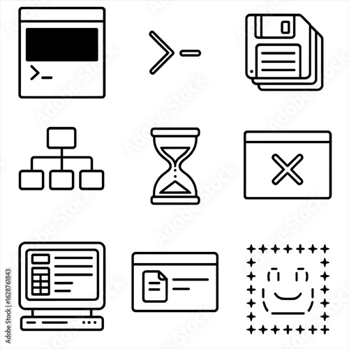 Early OS Icons. Outline style icons of Early Operating Systems: DOS boot screen, command line cursor, install floppy stack,