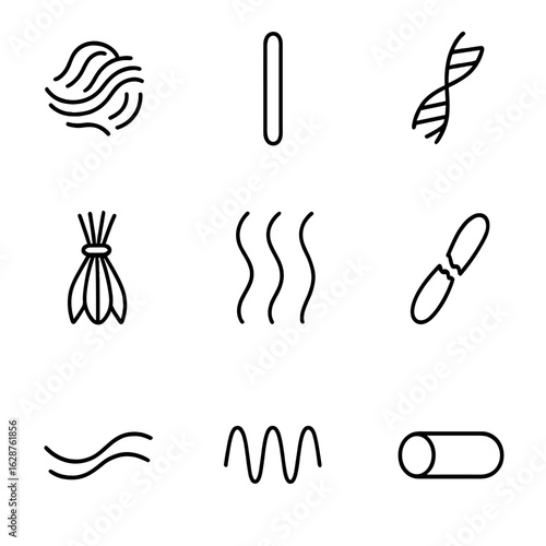 Textile Fiber Icons. Outline style icons of Textile Fiber Types: staple fiber, filament fiber, twisted thread, fiber bundle, raw