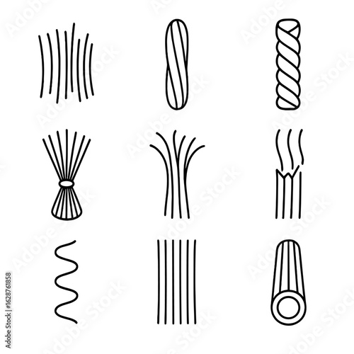 Textile Fiber Icons. Outline style icons of Textile Fiber Types: staple fiber, filament fiber, twisted thread, fiber bundle, raw