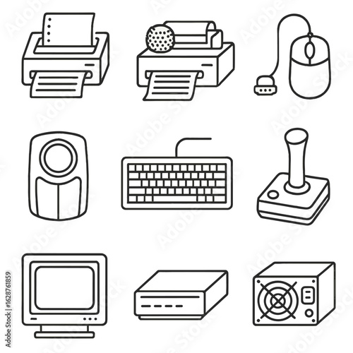 Retro Computer Icons. Outline style icons of Retro Computer Peripherals: dot matrix printer, typeball printer, serial port mouse,
