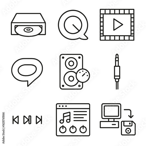 1990s Multimedia Icons. Outline style icons of 1990s Multimedia: CD-ROM player, QuickTime icon, pixel video screen, RealPlayer