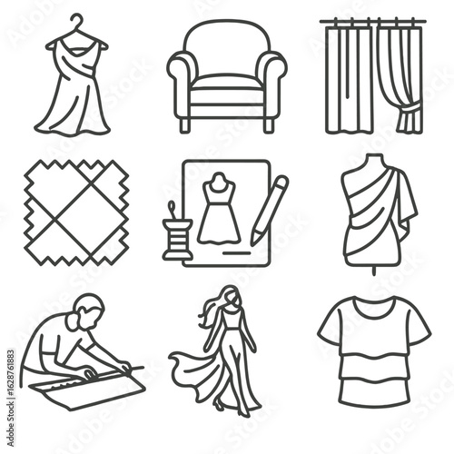 Fashion Fabric Icons. Outline style icons of Fashion Fabric Applications: draped dress fabric, upholstery cloth, curtains fold,