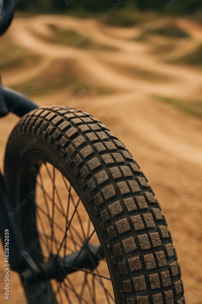 Naklejka premium Bike tire with rough tread on a dirt track. Ready for off-road adventure.