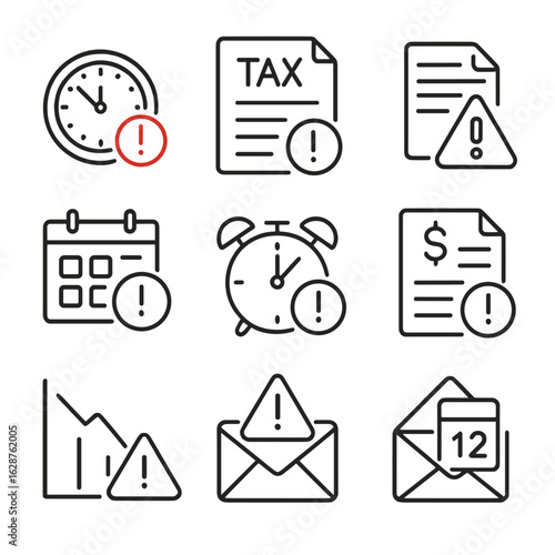 Overdue Tax Icons. Outline style icons of Overdue Tax Warning: red deadline icon, overdue document, missed filing alert, penalty