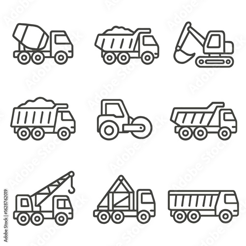 Construction Truck Icons. Outline style icons of Construction Trucks: cement mixer, dump truck with load, excavator truck, gravel