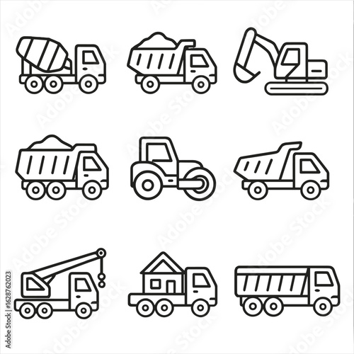 Construction Truck Icons. Outline style icons of Construction Trucks: cement mixer, dump truck with load, excavator truck, gravel