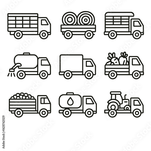 Farming Trucks Icons. Outline style icons of Farming Trucks: grain truck, hay bale truck, livestock transport, water sprayer truck