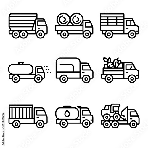 Farming Trucks Icons. Outline style icons of Farming Trucks: grain truck, hay bale truck, livestock transport, water sprayer truck