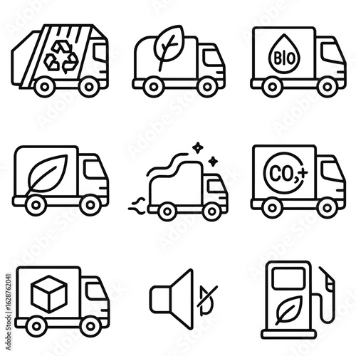Eco-Friendly Truck Icons. Outline style icons of Environmental Trucks: recycling truck, compost hauler, biodiesel truck, green