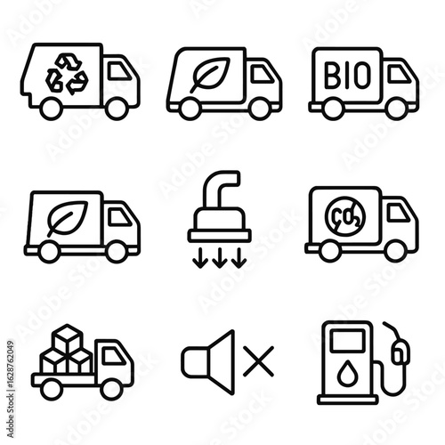 Eco-Friendly Truck Icons. Outline style icons of Environmental Trucks: recycling truck, compost hauler, biodiesel truck, green
