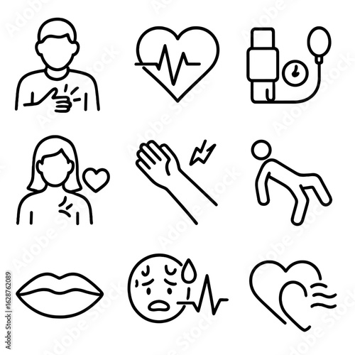 Cardiac Symptoms Icons. Outline style icons of Cardiac Symptoms: chest pain icon, irregular heartbeat, high blood pressure, short