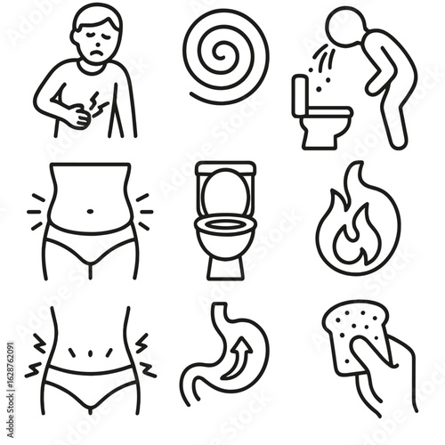 Digestive Symptoms Icons. Outline style icons of Digestive Symptoms: stomach ache icon, nausea swirl, vomiting outline, bloated