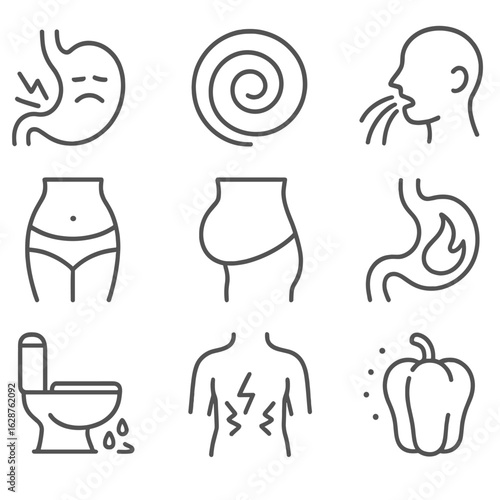 Digestive Symptoms Icons. Outline style icons of Digestive Symptoms: stomach ache icon, nausea swirl, vomiting outline, bloated