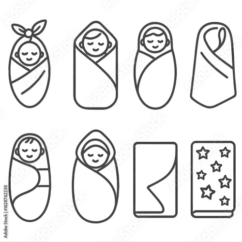 Swaddled Baby Icons. Outline style icons of Swaddled Baby Accessories: swaddle cloth with knot, baby blanket wrap, stretchy