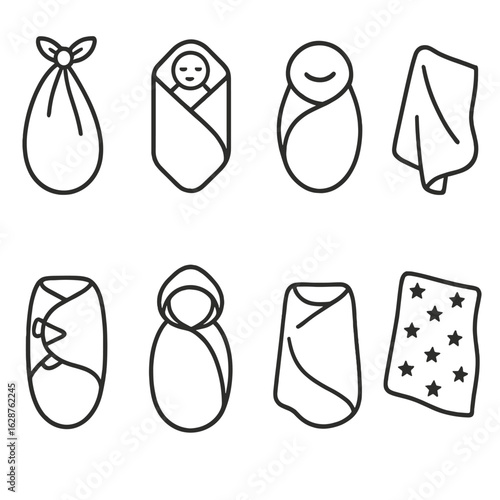 Swaddled Baby Icons. Outline style icons of Swaddled Baby Accessories: swaddle cloth with knot, baby blanket wrap, stretchy