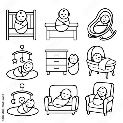 Swaddled Baby Icons. Outline style icons of Swaddled Baby in Nursery: swaddled baby in crib, baby on changing table, wrapped