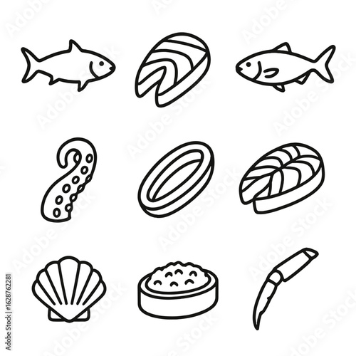 Sushi Fish Icons. Outline style icons of Sushi Fish Types: tuna fish silhouette, salmon fillet, yellowtail icon, octopus tentacle,