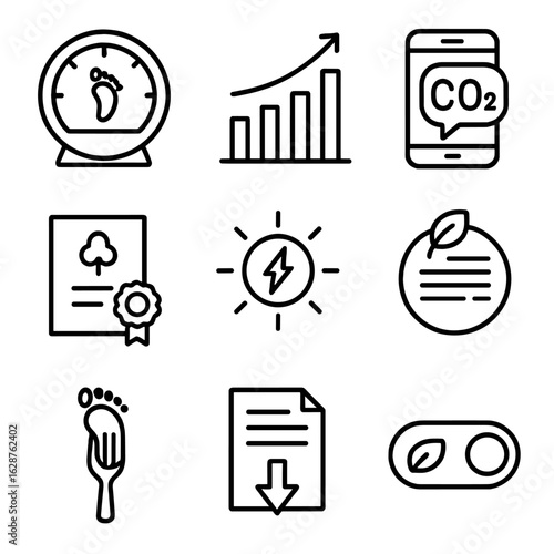 Carbon Footprint Icons. Line style icons of Carbon Footprint Tracking: footprint gauge, emission bar chart, carbon calculator app,