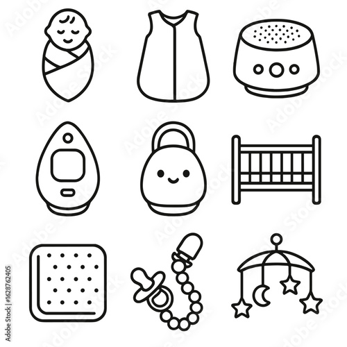 Baby Sleep Essentials Icons. Line style icons of Baby Sleep Essentials: swaddle blanket, wearable sleep sack, white-noise machine,