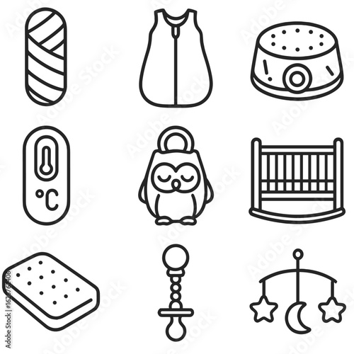 Baby Sleep Essentials Icons. Line style icons of Baby Sleep Essentials: swaddle blanket, wearable sleep sack, white-noise machine,