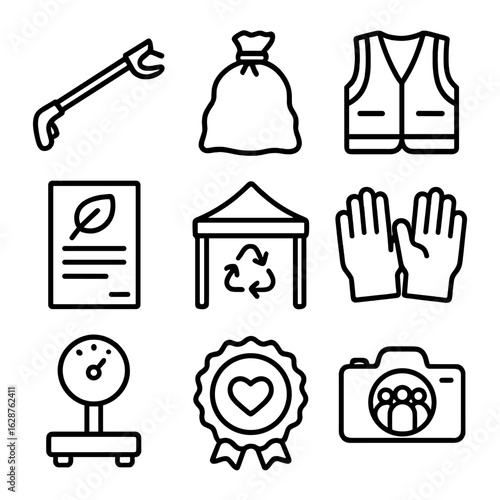 Community Clean-Up Icons. Line style icons of Community Clean-Up Event: litter grabber, trash bag, volunteer vest, event flyer,