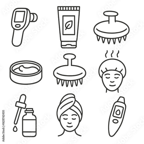 Scalp Therapy Icons. Line style icons of Scalp Therapy Session: scalp analysis scope, exfoliating scrub tube, silicone scalp brush