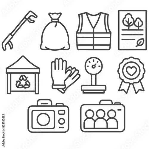 Community Clean-Up Icons. Line style icons of Community Clean-Up Event: litter grabber, trash bag, volunteer vest, event flyer,