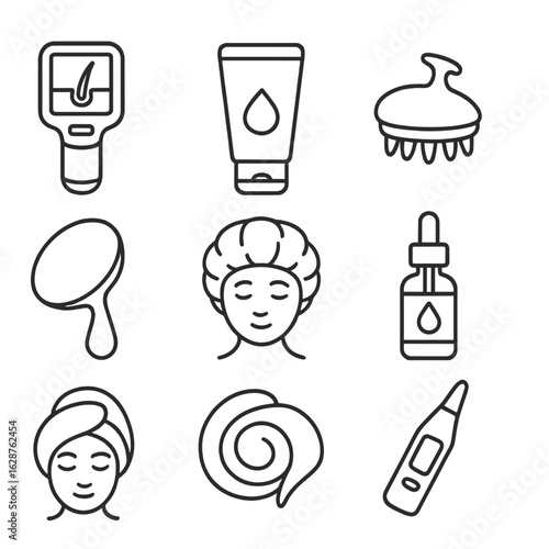 Scalp Therapy Icons. Line style icons of Scalp Therapy Session: scalp analysis scope, exfoliating scrub tube, silicone scalp brush