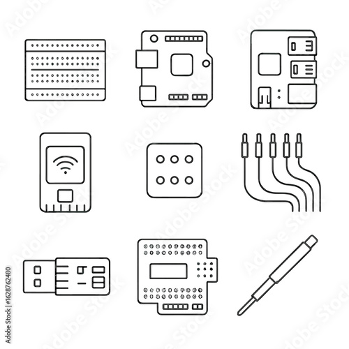 Development Board Essentials Icons. Line style icons of Development Board Essentials: solderless breadboard, Arduino board,
