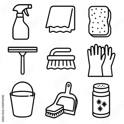 Household Cleaning Icons. Line style icons of Household Cleaning Caddy: all-purpose spray bottle, microfiber cloth, sponge scrub,